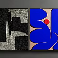 Abstract Paintings Featuring Black White Gray Geometric Shapes Textures Blue Curves And Red Dot