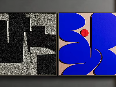 Abstract Paintings Featuring Black White Gray Geometric Shapes Textures Blue Curves And Red Dot 3d model