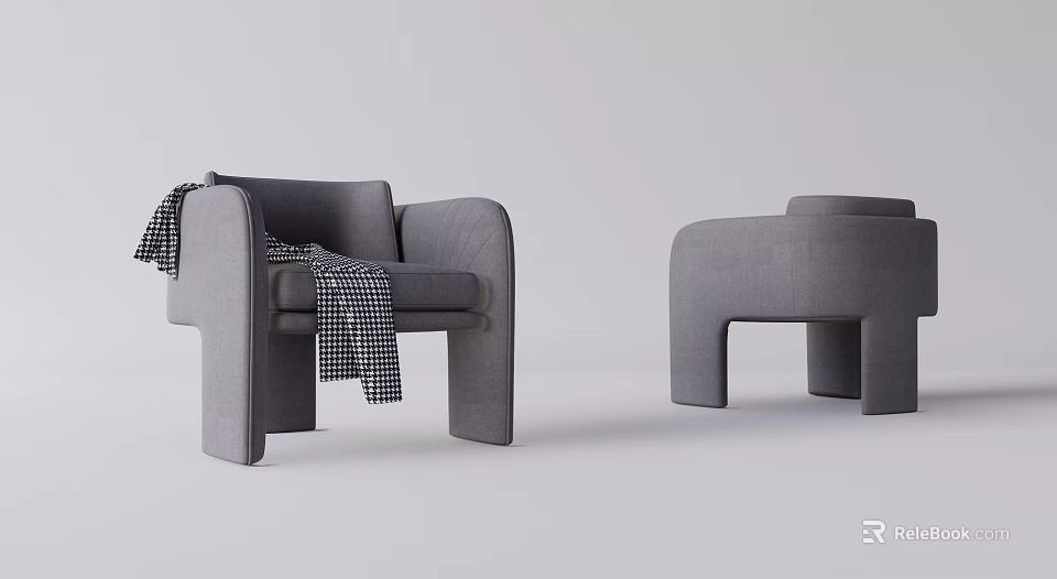 Gray Single Seater Sofa with Black White Plaid Blanket and Matching Ottoman in Modern Minimalist Space 3d model 