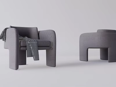 Gray Single Seater Sofa with Black White Plaid Blanket and Matching Ottoman in Modern Minimalist Space 3d model
