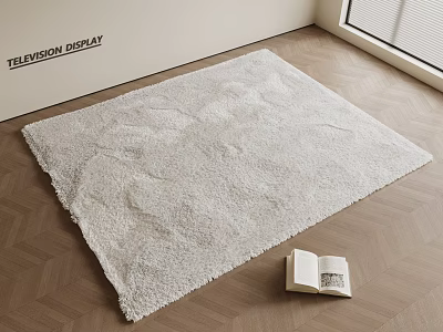 Fluffy Light Beige Square Rug on Wooden Floor with Open Book and Television 3d model