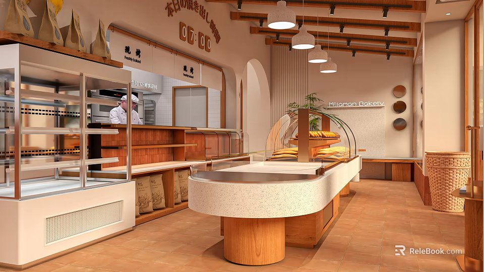 Modern Dessert Shop Interior With Glass Display Cases And Wooden Counter Holding Fresh Desserts 3d model 