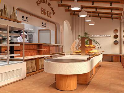 Modern Dessert Shop Interior With Glass Display Cases And Wooden Counter Holding Fresh Desserts 3d model