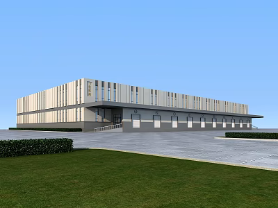 Modern Industrial Factory Building With Light Colored Exterior Large Windows Front Plaza Green Lawn Hedges 3d model