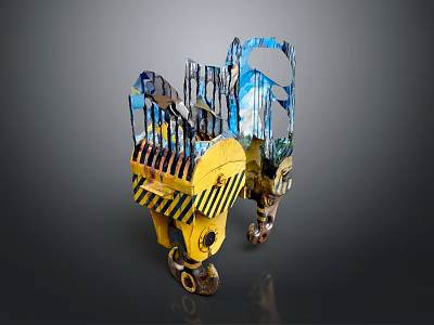 Yellow Industrial Mobile Equipment With Black Stripes Platform And Transparent Guardrails On Wheels 3d model
