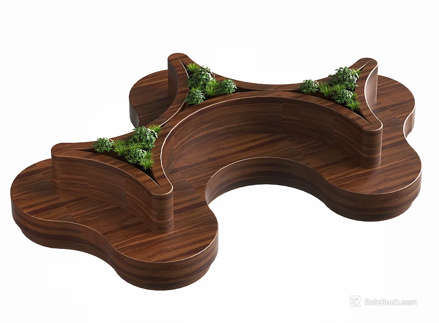 Outdoor Public Chair With Unique Wooden Curved Shape And Green Plants Decoration 3d model 