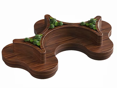 Outdoor Public Chair With Unique Wooden Curved Shape And Green Plants Decoration 3d model