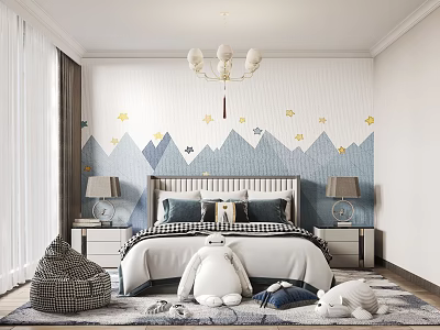 Cozy Kids Room Design With Mountain Patterned Wall Star Decors Chandelier And Plush Toys 3d model