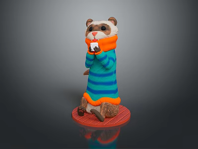 Otter Figure Wearing Blue Green Striped Sweater Orange Scarf Holding White Cup On Red Base 3d model