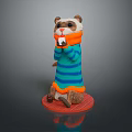Otter Figure Wearing Blue Green Striped Sweater Orange Scarf Holding White Cup On Red Base