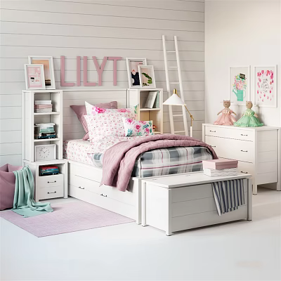Cozy Kids Bed With Pink Blanket Plaid Bedspread Pillows White Bookshelf Dresser And Dolls Decor 3d model