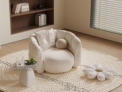 Cozy White Round Sofa and Small Coffee Table Set on Woven Rug with Flower Cushion 3d model