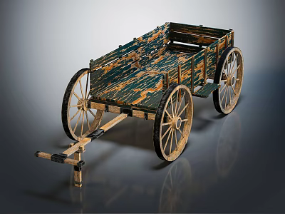 Ancient Wooden Cart Featuring Traditional Design And Ornate Spoked Wheels 3d model