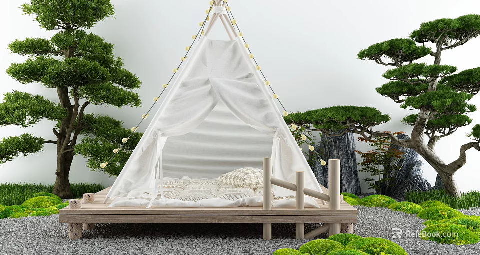 White Tent With String Lights On Wooden Platform Amid Green Plants And Pine Trees 3d model 