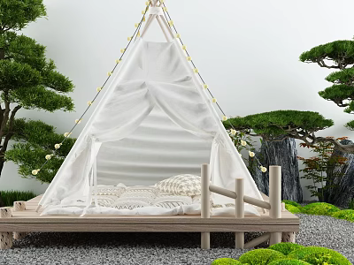 White Tent With String Lights On Wooden Platform Amid Green Plants And Pine Trees 3d model