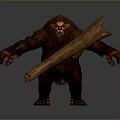 Furry Brown Creature Holding Large Wooden Log Standing On Gray Background