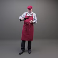 Man Wearing Red Cap In White Shirt And Red Apron Holding Black Bottle
