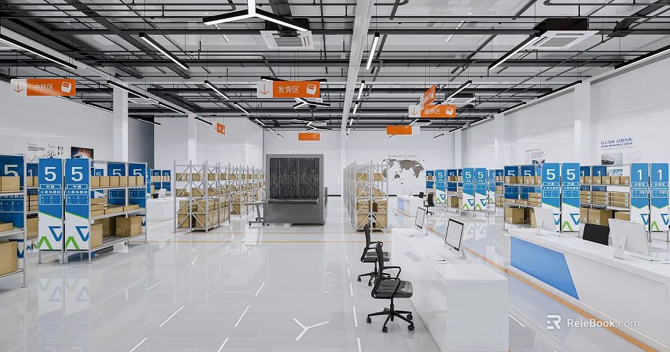 Modern Logistics Warehouse Space With Storage Shelves Blue Boxes And Workstations 3d model 