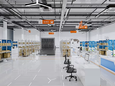 Modern Logistics Warehouse Space With Storage Shelves Blue Boxes And Workstations 3d model
