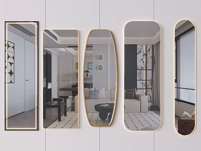 Wall Mounted Decorative Mirrors in Various Shapes Reflecting Modern Interior Spaces 3d model