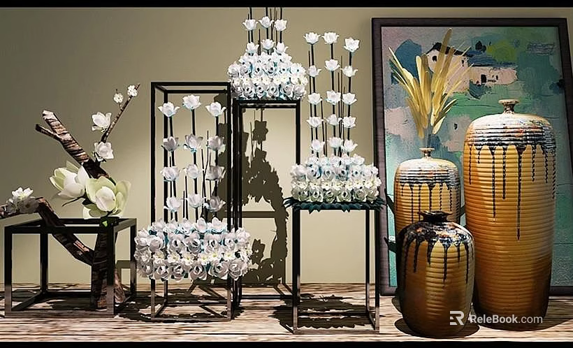 Elegant Glass and Ceramic Vase Flower Arrangements on Display Shelf 3d model