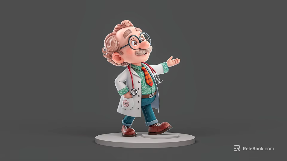 Cartoon Male Doctor Figure Wearing White Coat With Stethoscope Glasses And Curly Hair 3d model 