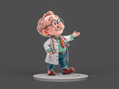 Cartoon Male Doctor Figure Wearing White Coat With Stethoscope Glasses And Curly Hair 3d model