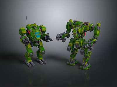 Two Green Mechanical Robots Standing With Mech Style Design And Arm Details 3d model