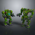 Two Green Mechanical Robots Standing With Mech Style Design And Arm Details