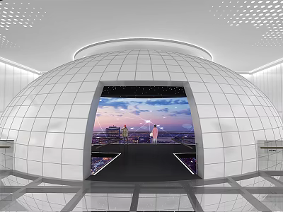 Modern Spherical Cinema Interior With Large Screen City View Smooth Floor And Ceiling Lights 3d model