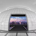 Modern Spherical Cinema Interior With Large Screen City View Smooth Floor And Ceiling Lights