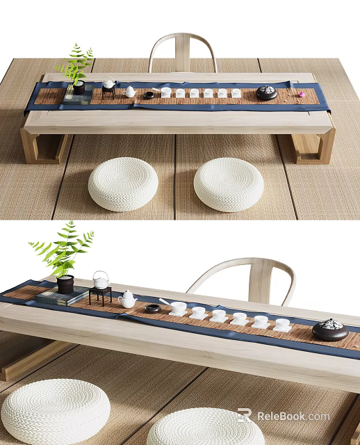 Japanese Style Wooden Tea Table With Chairs Floor Cushions Tea Set And Green Plant 3d model 