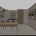 Modern Office Interior With Wooden Desk Laptop Plant Sofa And Wall Art