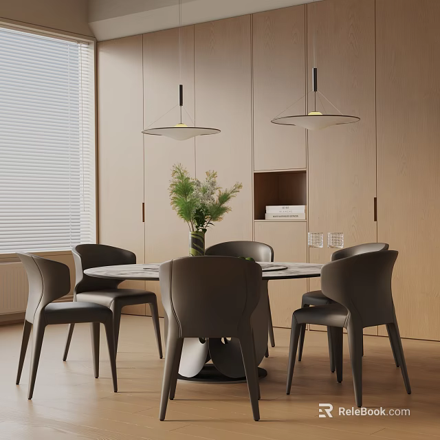 Modern Dining Interior Design With Round Dining Table Set Leather Chairs And Pendant Lights 3d model