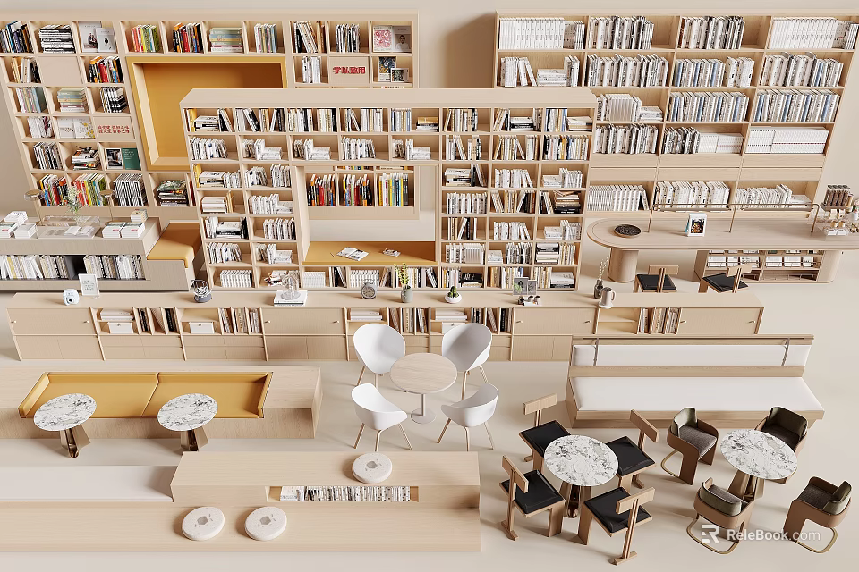 Modern Wooden Bookcase With Multiple Shelves And Reading Tables 3d model 