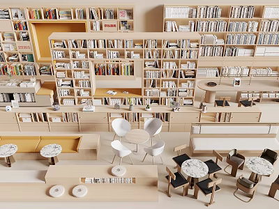Modern Wooden Bookcase With Multiple Shelves And Reading Tables 3d model