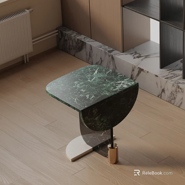 Green Marble Square Side Table with Metal Base on Wooden Floor and Marble Wall 3d model 