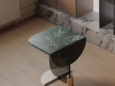 Green Marble Square Side Table with Metal Base on Wooden Floor and Marble Wall 3d model