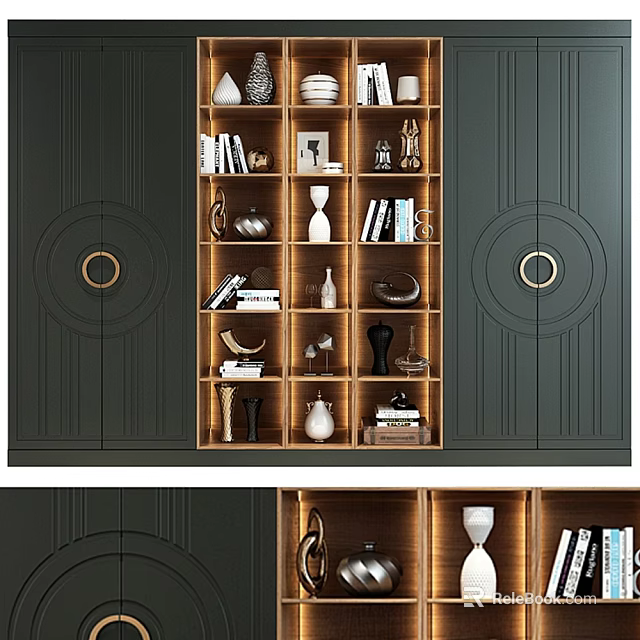 Modern Dark Interior Storage Cabinet With Open Shelves Holding Books Vases And Decorative Items 3d model 