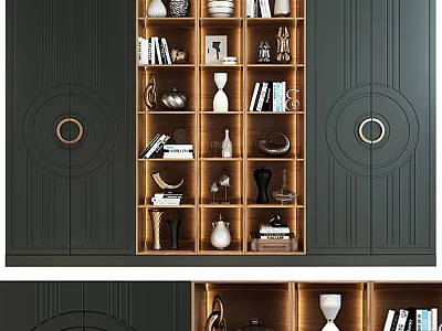 Modern Dark Interior Storage Cabinet With Open Shelves Holding Books Vases And Decorative Items 3d model