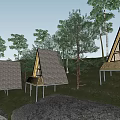 Triangular Roof Wooden Cabins With Elevated Decks In Natural Forest Setting 3d model