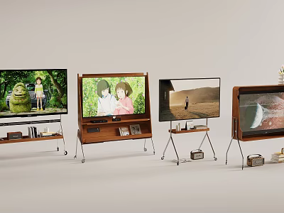 TVs on Different Wooden TV Stands with Various Screen Displays Including Cartoons People and Landscapes 3d model