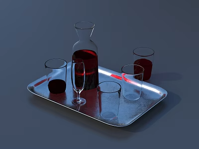 Silver Tray With Wine Bottle Wine Glass And Red Liquid In Glasses 3d model