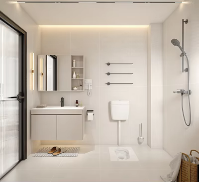 Modern Bathroom Interior Design With White Tile Walls Vanity Mirror Toilet And Shower 3d model