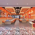Bright Modern Hot Pot Restaurant with Orange Walls Orange Chairs Counter Seats and Decorative Paintings