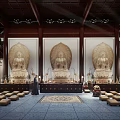 Golden Buddha Statue in Indoor Religious Setting with Worshiper Offerings and Incense Burner