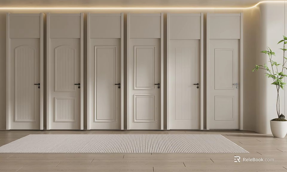 Light Colored Hinged Doors With Various Panel Designs In Modern Interior 3d model 