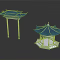 Chinese Traditional Gateway And Pavilion With Blue Roofs And White Pillars