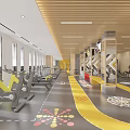 Spacious Modern Gym Interior With Treadmills Fitness Equipment And Wooden Walls