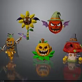 Halloween Cartoon Characters With Pumpkin Devil Sunflower Witch Hat And Mushroom 3d model